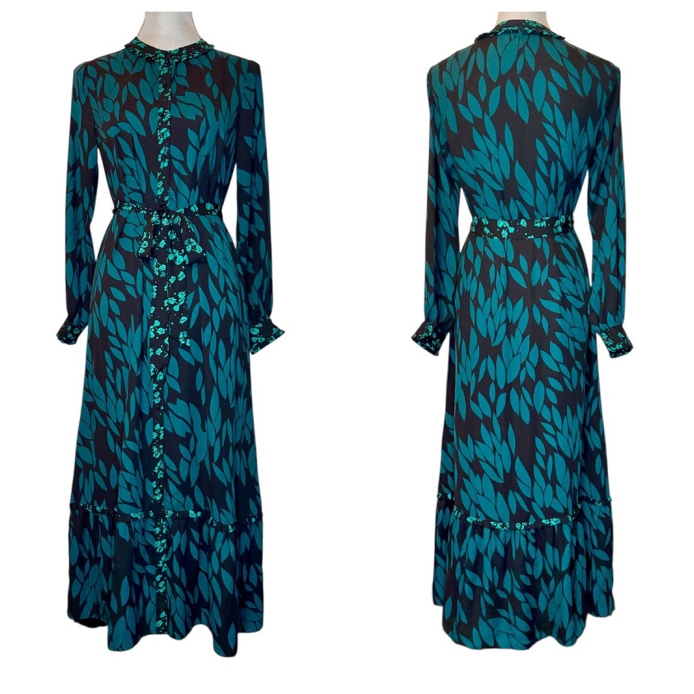 Cabi XS Long Sleeve Maxi Dress – Teal Leaf Print with Ruffle Trim